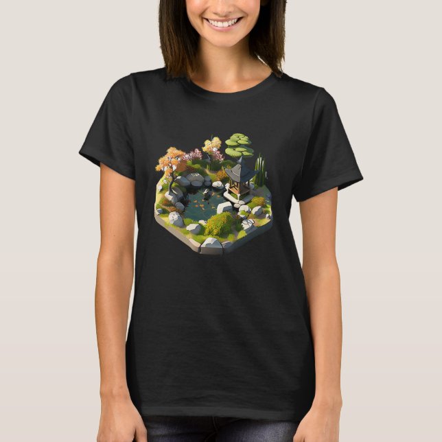 Japanese Garden Pond Shrine isometric island 32bit T-Shirt (Front)