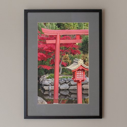 Japanese Garden Structures and Red Maple Leaves Poster