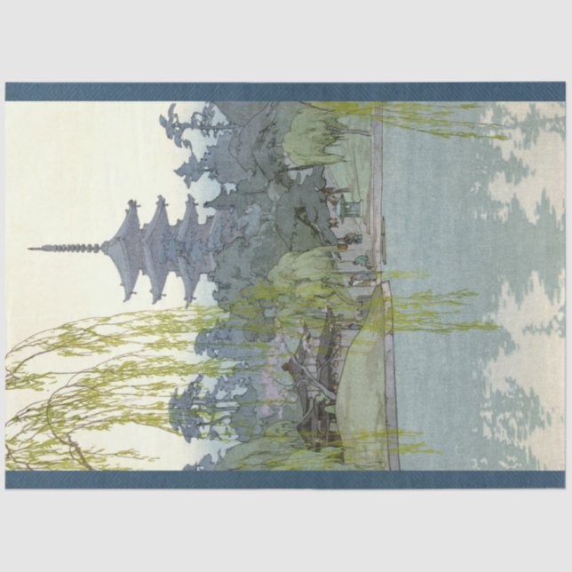 Japanese Garden Vintage Blue Willow Lake Pagoda 2 Tissue Paper (Front)