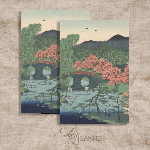 Japanese Garden Vintage Lake w Bridge Blue n Coral Tissue Paper