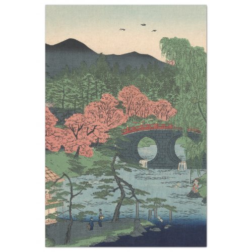 Japanese Garden Vintage Lake w Bridge Coral Blue Tissue Paper