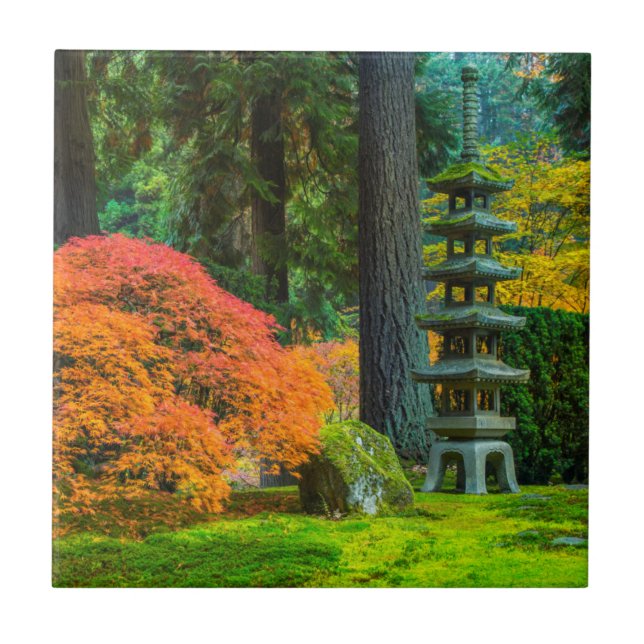 Japanese Gardens In Autumn In Portland, Oregon Ceramic Tile (Front)
