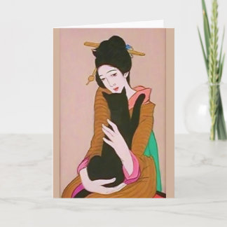 Japanese Geisha and Black Cat Greeting Card