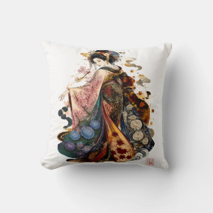 Japanese Geisha Art Kimono and Seasonal Flowers Throw Pillow