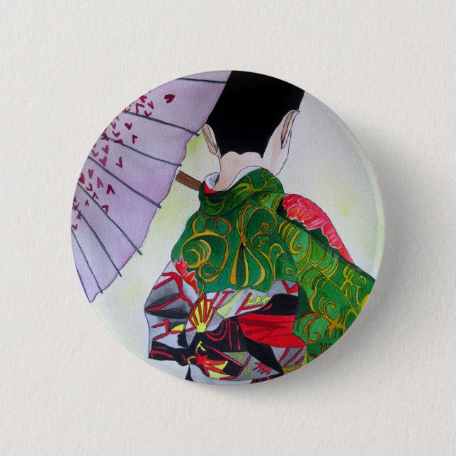 Japanese Geisha art with kimono and umbrella Button (Front)