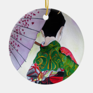 Japanese Geisha art with kimono and umbrella Ceramic Ornament