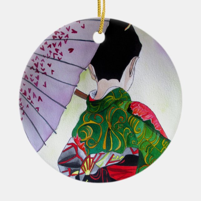 Japanese Geisha art with kimono and umbrella Ceramic Ornament (Front)