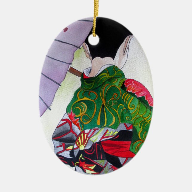 Japanese Geisha art with kimono and umbrella Ceramic Ornament (Front)