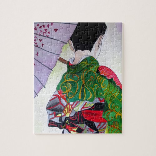 Japanese Geisha art with kimono and umbrella Jigsaw Puzzle