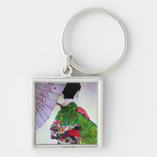 Japanese Geisha art with kimono and umbrella Keychain
