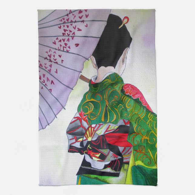 Japanese Geisha art with kimono and umbrella Kitchen Towel (Vertical)
