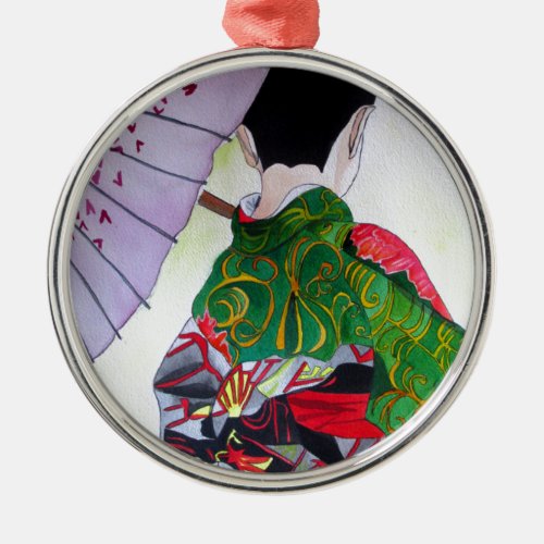 Japanese Geisha art with kimono and umbrella Metal Ornament