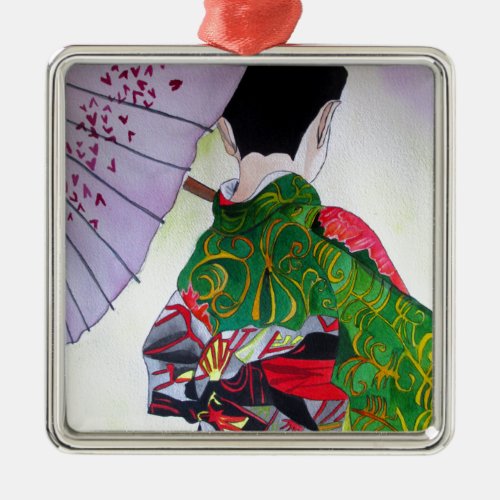 Japanese Geisha art with kimono and umbrella Metal Ornament