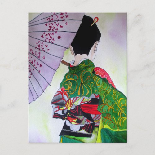 Japanese Geisha art with kimono and umbrella Postcard