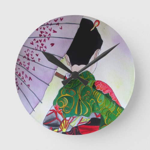 Japanese Geisha art with kimono and umbrella Round Clock