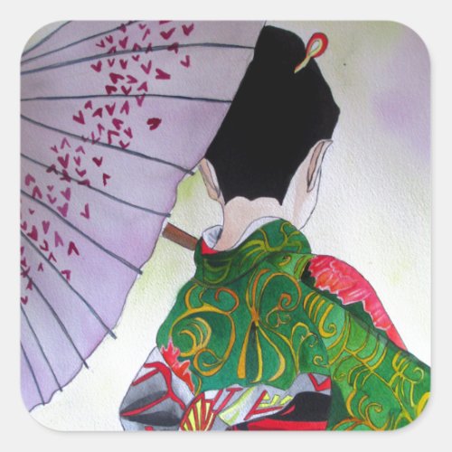 Japanese Geisha art with kimono and umbrella Square Sticker