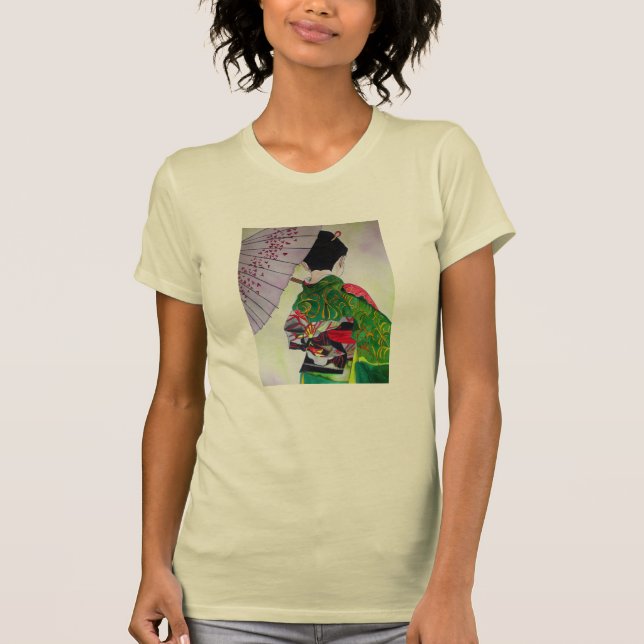 Japanese Geisha art with kimono and umbrella T-Shirt (Front)