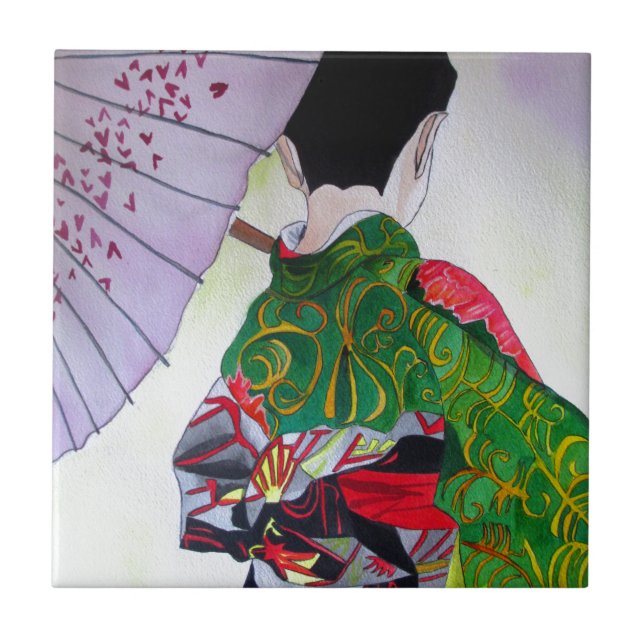 Japanese Geisha art with kimono and umbrella Tile (Front)