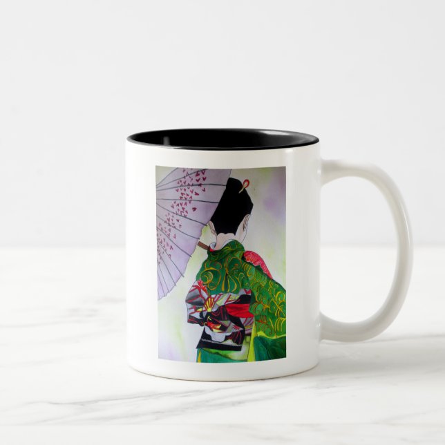 Japanese Geisha art with kimono and umbrella Two-Tone Coffee Mug (Right)