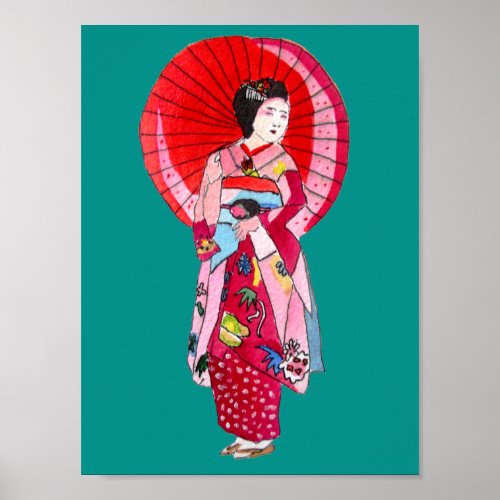 Japanese Geisha art with umbrella Poster
