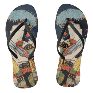 Japanese Geisha Asian Trendy Vintage Art Colorful Flip Flops