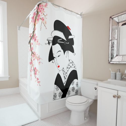 japanese geisha cherry blossom tree pink white shower curtain