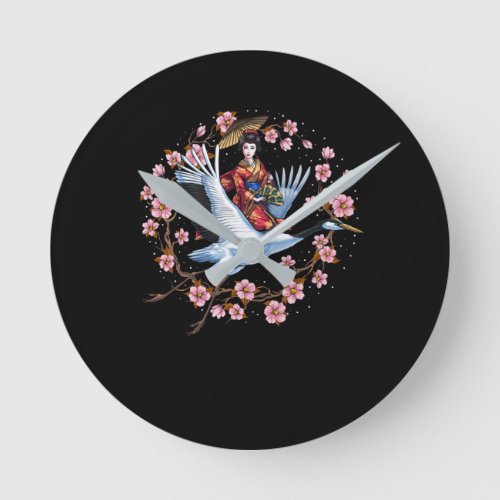 Japanese Geisha Crane Round Clock