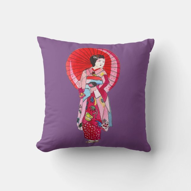 Japanese Geisha cute kimono original art Throw Pillow (Front)