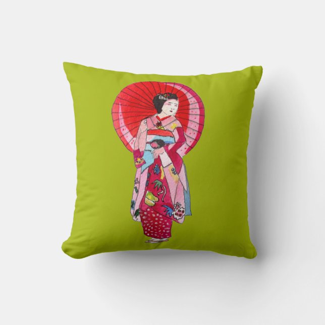 Japanese Geisha cute kimono original art Throw Pillow (Front)