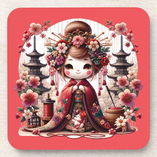 Japanese Geisha Cute Scene Beverage Coaster (Front)
