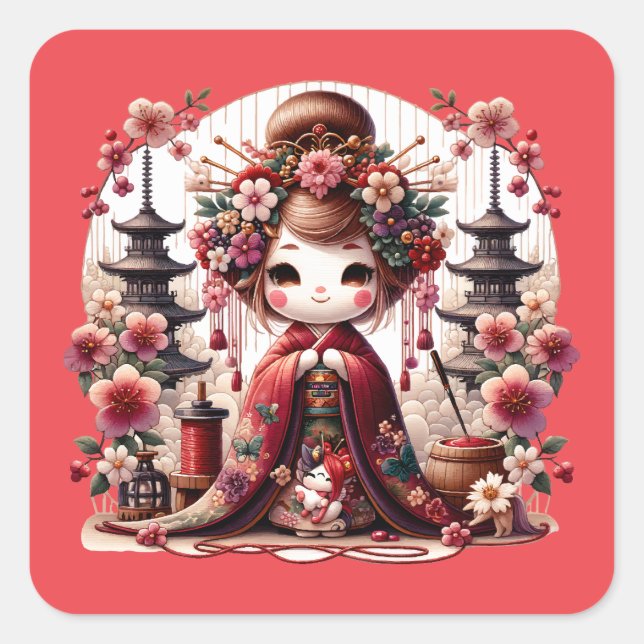 Japanese Geisha Cute Scene Square Sticker (Front)