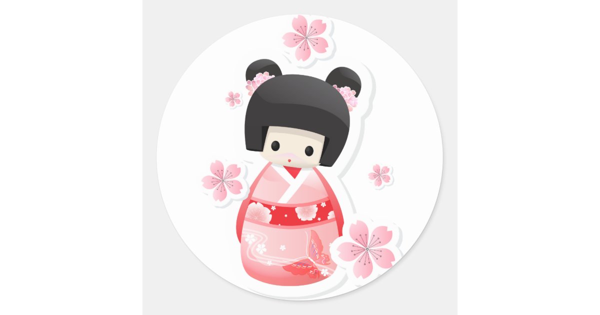 White Kimono Kokeshi Doll - Cute Geisha Girl Classic Round Sticker, Zazzle