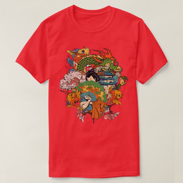 Japanese Geisha Girl and Dragon Cherry Blossom  T-Shirt (Design Front)