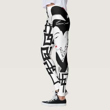 Japanese Geisha Girl Black White Graphic Leggings by funny_tshirt at Zazzle