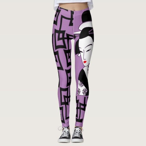 japanese geisha girl black white purple graphic leggings
