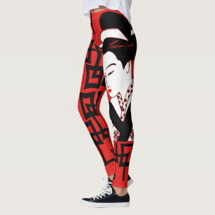 japanese geisha girl black white red graphic leggings