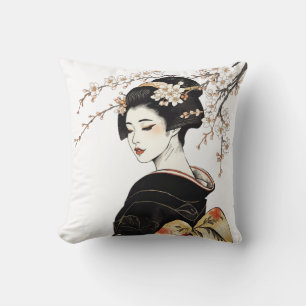 Japanese Geisha Girl & Blossoms Black Gold Throw Pillow