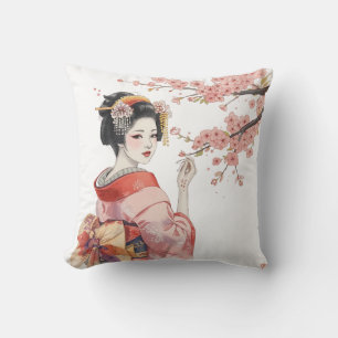 Japanese Geisha Girl & Cherry Blossoms Pink Throw Pillow