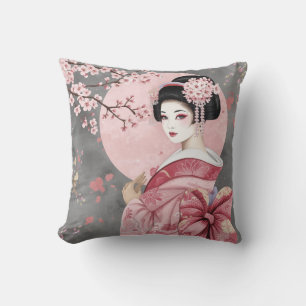 Japanese Geisha Girl & Cherry Blossoms Throw Pillow