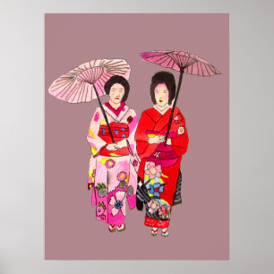 Japanese Geisha girls with umbrella original art Poster
