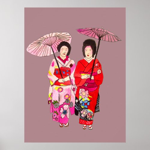 Japanese Geisha girls with umbrella original art Poster