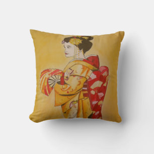 Japanese Geisha golden yellow background Throw Pillow