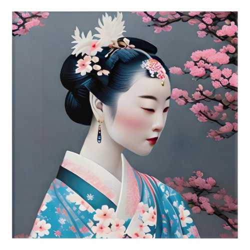 Japanese Geisha In A Cherry Blossom Garden Acrylic Print