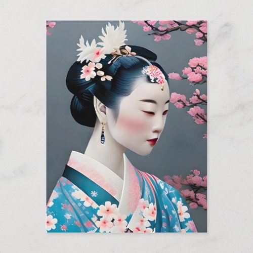 Japanese Geisha In A Cherry Blossom Garden Postcard