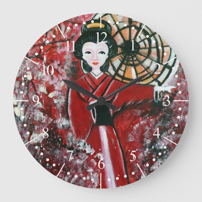 Japanese Geisha in a red dress, Japanese Large Clock (Front)