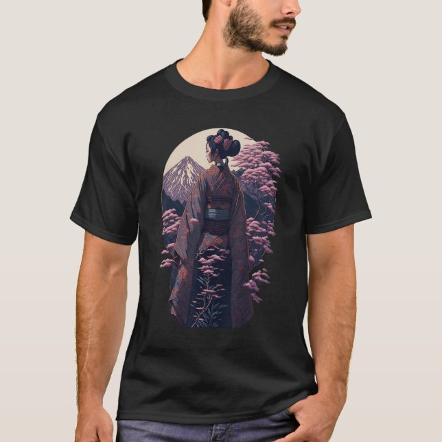 Japanese Geisha Kimono Japan Sakura Garden Mount F T-Shirt (Front)