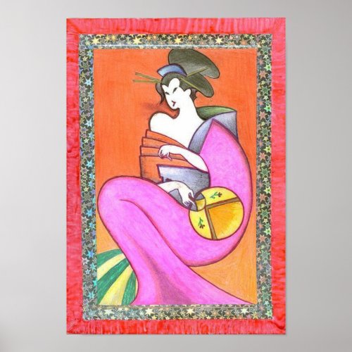 Japanese Geisha Kimono Woman Girl Artwork Painting Poster