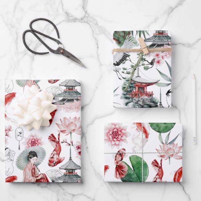 Japanese Geisha Koi and Temple Watercolors Wrapping Paper Sheets (Front)