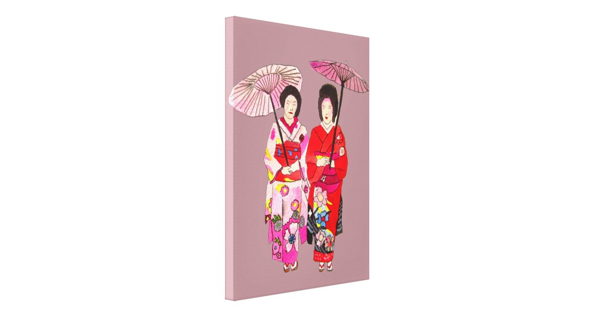 Japanese Geisha Ladies Pink Kimono Original Art Canvas Print