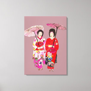 Japanese Geisha ladies pink kimono original art Canvas Print